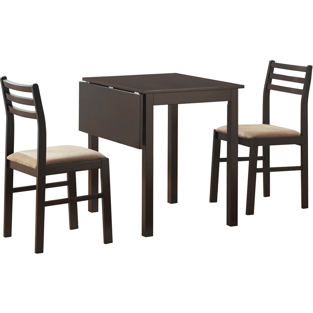 Dining Set For 2, Drop Leaf Table & 2 Chairs, MDF, Cappuccino & Beige, 332604 Brand: Homeroots, Table Size: 24inW x 30inD x  30inH, Extended:   35inW x 30inD x  30inH, Chair Size: 14.50inW x  15.5inD x  32.5inH, Seat Height: 17in, Table Shape: Rectangular, Material: MDF, Seating Capacity: Seats 2, Color: Cappuccino & Beige Color