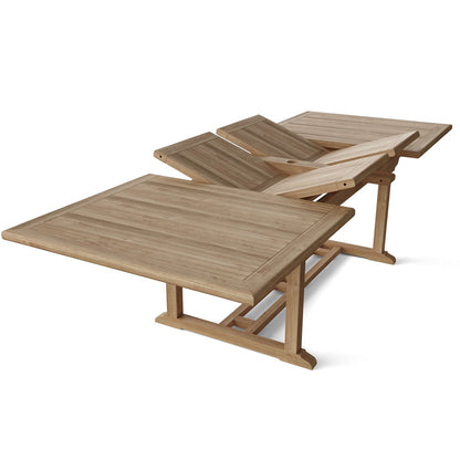 117" Table with Double Extensions, Rectangular, Teak Wood Brand: Anderson Teak; Size: 117inW x 43inD x 29inH Weight: 195lb; Shape: Rectangular; Material: Teak Wood Seating Capacity: Seats 10-12 people; Color: Neutral teak color; light wood TBX-117RD