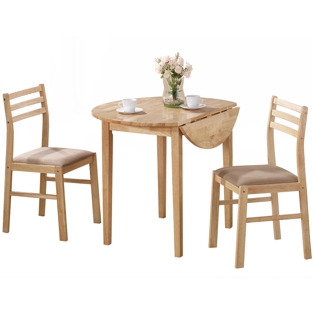 Round Drop Leaf Table For 2, Solid Wood Set With Chairs, 332560 Brand: Homeroots, Table Size: 35inW x 35inD x  30inH, Chair Size: 14.5inW x  15.5inD x  32.5inH, Seat Height: 17in, Table Shape: Round, Material: MDF & Solid Wood, Seating Capacity: Seats 2, Color: Beige & Natural Wood Color