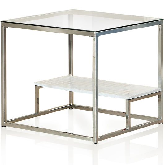 24" Aldea | White Metal End Table, Glass Top, Wooden Shelf, IDF-4231WH-E