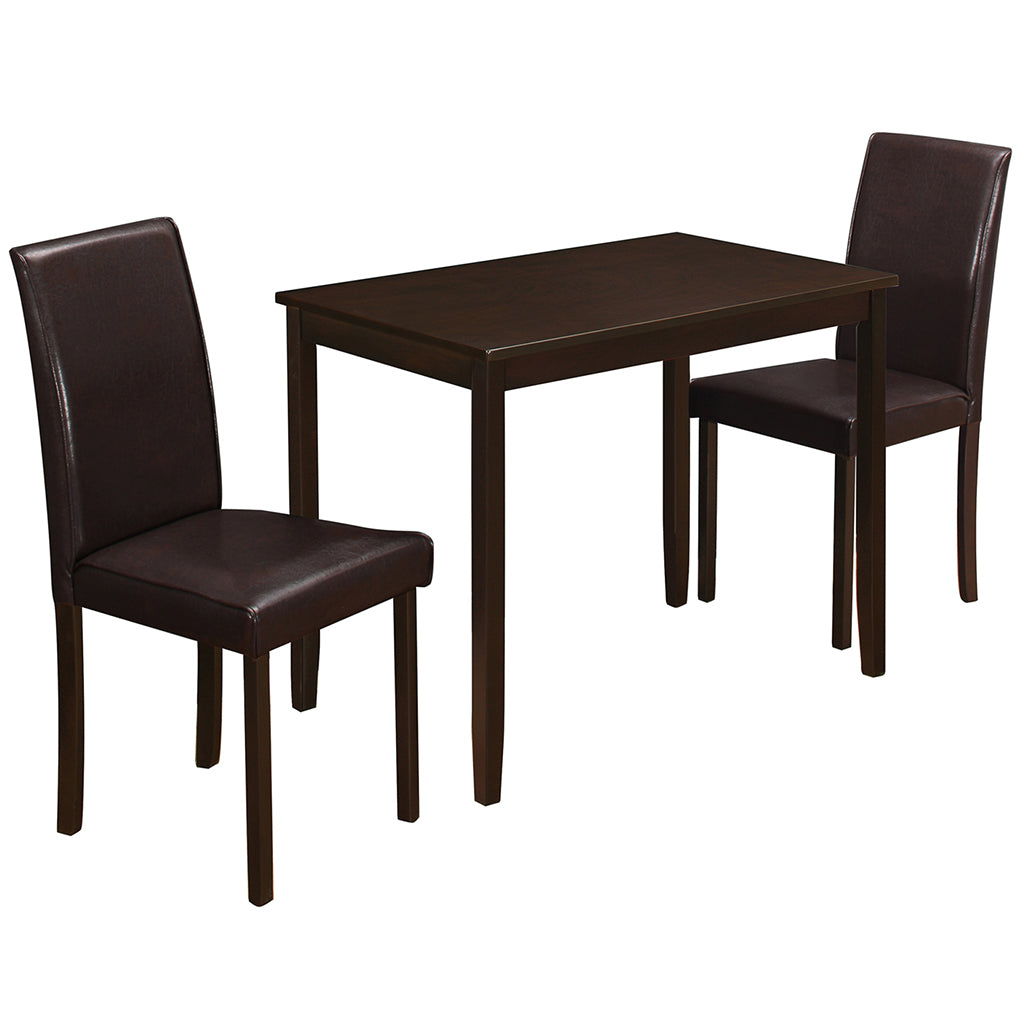 Dining Set For 2, Faux Leather Chairs, Wooden Table, Dark Brown Cappuccino, 332565 Brand: Homeroots, Table Size: 39inW x 24inD x 29inH, Chair Size: 16inW x 15inD x 36inH, Seat Height: 17in, Table Shape: Rectangular, Material: MDF & Solid Wood, Faux Leather Padded Seats With Wooden Base Chairs, Seating Capacity: Seats 2, Color: Cappuccino Brown