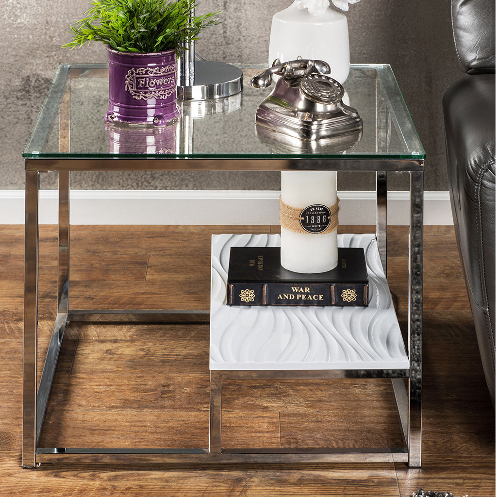 24" Aldea | White Metal End Table, Glass Top, Wooden Shelf, IDF-4231WH-E