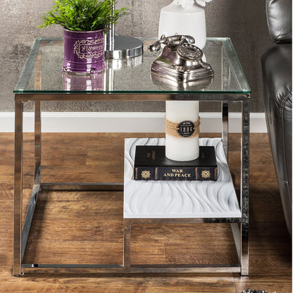 24" Aldea | White Metal End Table, Glass Top, Wooden Shelf, IDF-4231WH-E