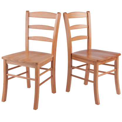 Solid oak wood dining chairs with a classic ladder-back design and light oak finish, set of 2