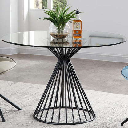 Round Iron Table, Iron Base With 10mm Tempered Glass Top, DT1637R-BLK Brand: Whiteline Modern Living; Size: 47inD x 30inH; Weight: 92lb; Shape: Round Material: Top: 0.4in Tempered Glass;  Base: Matte black powder coated Iron Seating Capacity: Seats 2-4 people; Color: Matte black