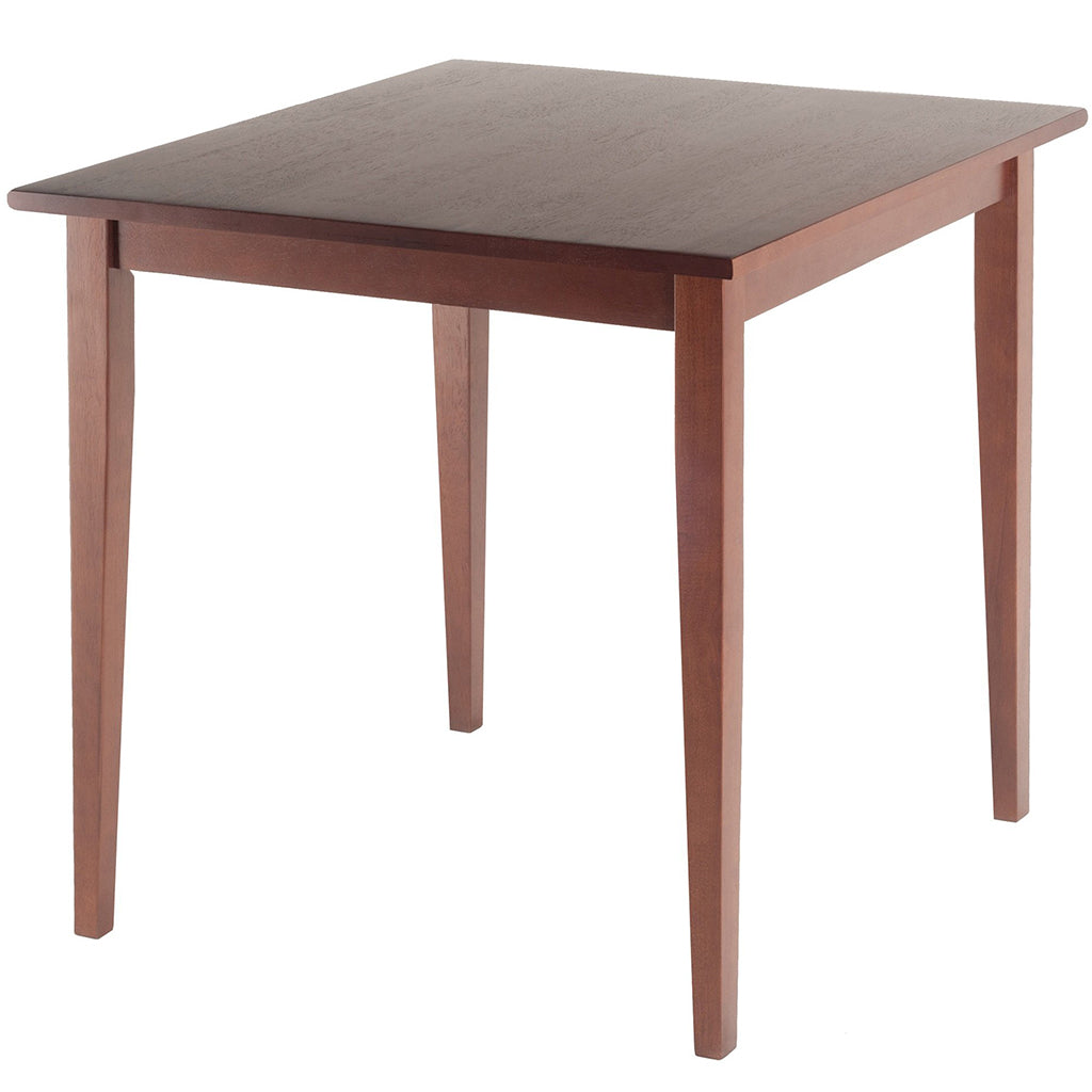 Square walnut wood dining table with shaker legs and a rich walnut finish, ideal for compact spaces.