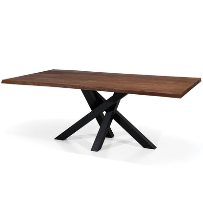 Margo | Elegant Dining Table, Rectangular, Solid Oak Wood, Metal Base, DT0044 Brand: Maxima House, Size: 94.5inW x  39.4inD x  29.5inH,  Weight: 282lb, Shape: Rectangular, Material: Top: Solid Oak Wood, Base: Metal Seating Capacity: Seats 6-8 people, Color: Top: Dark Wood, Base: Black