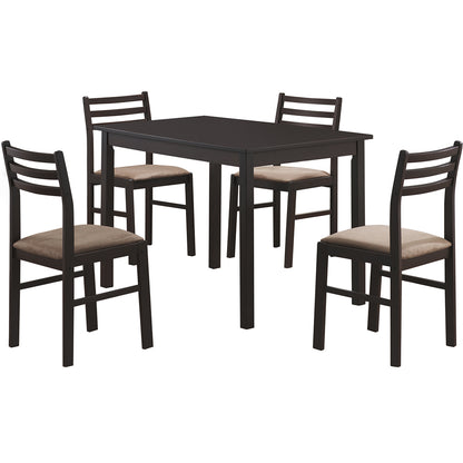 Rectangular Dining Table Set, 4 Seater, MDF, Cappuccino Color, 332620 Brand: Homeroots, Table Size: 43.25inW x 29.5inD x  29.75inH, Chair Size: 14.50inW x  15.5inD x  32.5inH, Seat Height: 17in, Table Shape: Rectangular, Material: MDF, Seating Capacity: Seats 4, Color: Cappuccino & Beige Color