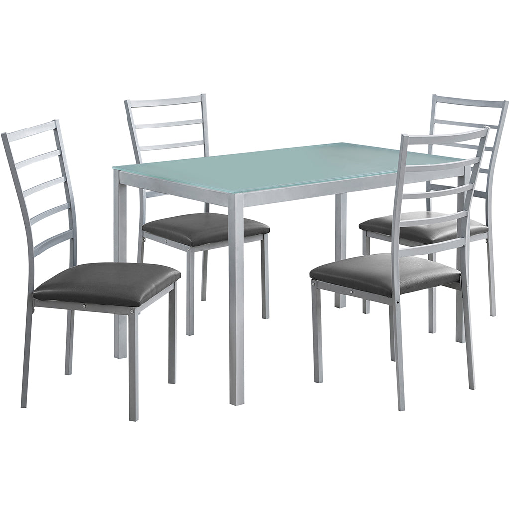 Frosted Glass Rectangular Table With Metal Base Dining Set With Chairs, Gray Color, 332572, Brand: Homeroots, Table Size: 48inW x 30inD x 30inH, Chair Size: 17.25inW x 23inD x 37.5inH, Seat Height: 14.50in, Table Shape: Rectangular, Material: Frosted Glass & Metal Base, Faux Leather Seat With Metal Frame & Legs Chairs, Seating Capacity: Seats 4, Color: Light & Dark Gray