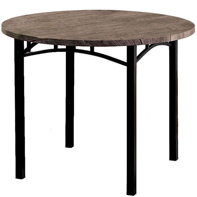 Benzara Industrial Dining Table, Round, Wooden Top, Metal Tubular Legs, Brown, BM207986 Size: 40inW x 40inD x 30inH; Seating Capacity: Seats 2-4 people; Color: Brown Weight: 71.01lb; Shape: Round; Material: Metal, Solid Wood and Veneer