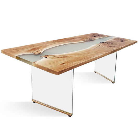 Banur-GL | Live Edge Glass Dining Table, Rectangular, Oak Wood Top Filled With Polymer Resin, 8 Seater, SCANDI089