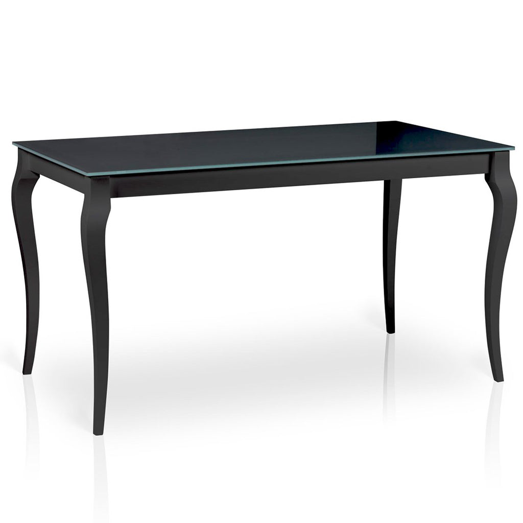 Maxima House Bresso extendable glass dining table with a black beech wood frame and sleek tempered glass top.