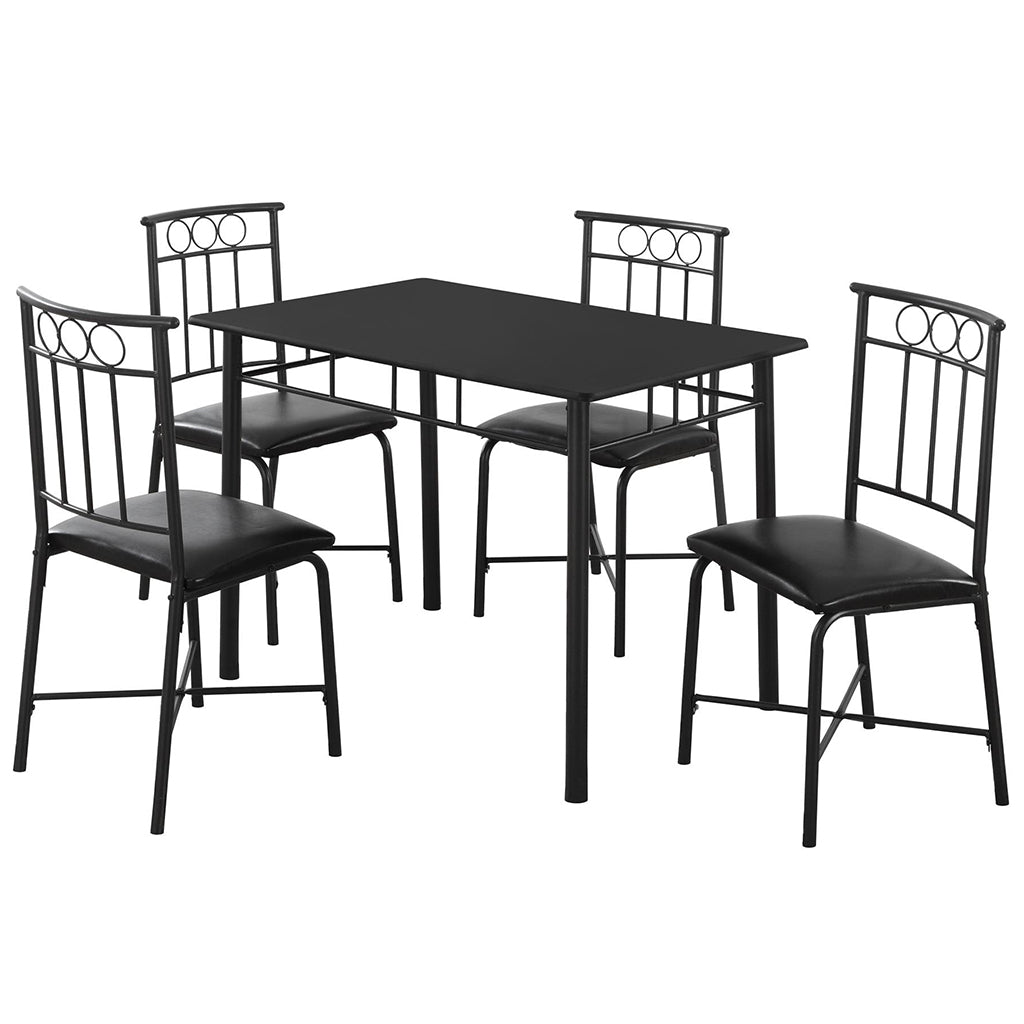 Rectangular Black Table With Metal Base, Leather Chairs, Set For 4, 332567 Brand: Homeroots, Table Size: 39.5inW x 27.5inD x 30inH, Chair Size: 13.5inW x 17.5inD x 35.5inH, Seat Height: 18in, Table Shape: Rectangular, Material: Polyurethane Board & Metal Base, Faux Leather With Metal Base Chairs, Seating Capacity: Seats 4, Color: Black