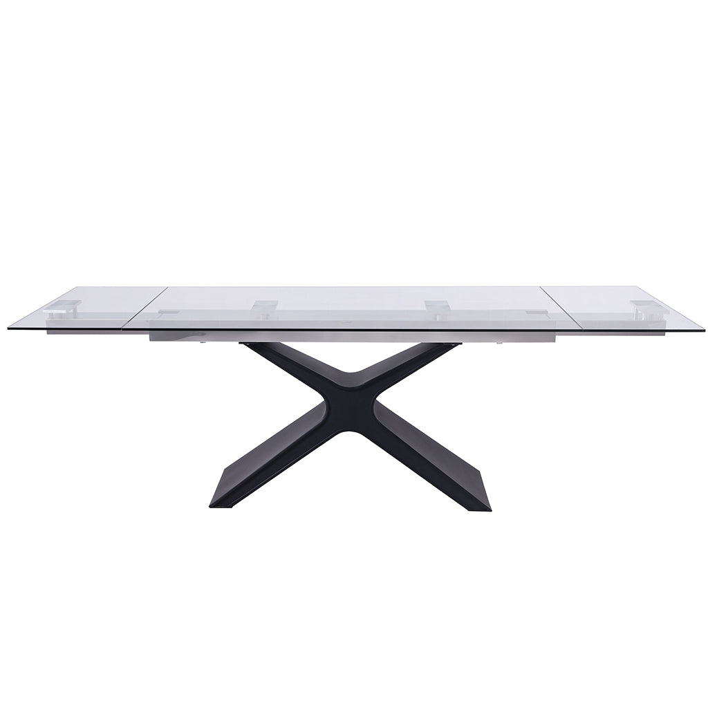 West | Modern Glass Metal Expandable Dining Table, Rectangular, X Base, DT1716-BLK Size: 63inW x 35inD x 30inH; Extended: 95inW x 35inD x 30inH Weight: 233lb; Shape: Rectangular Material: Top: 0.4in Tempered Clear Glass; Legs: Sanded Black Metal Seating Capacity: Seats 6-8 people; Color: Sanded Black Color