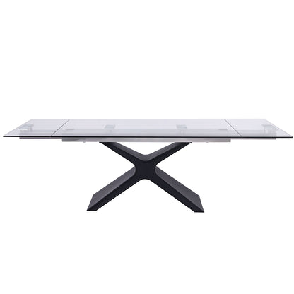 West | Modern Glass Metal Expandable Dining Table, Rectangular, X Base, DT1716-BLK Size: 63inW x 35inD x 30inH; Extended: 95inW x 35inD x 30inH Weight: 233lb; Shape: Rectangular Material: Top: 0.4in Tempered Clear Glass; Legs: Sanded Black Metal Seating Capacity: Seats 6-8 people; Color: Sanded Black Color