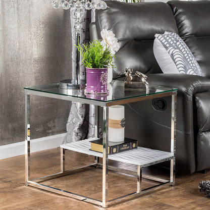 24" Aldea | White Metal End Table, Glass Top, Wooden Shelf, IDF-4231WH-E