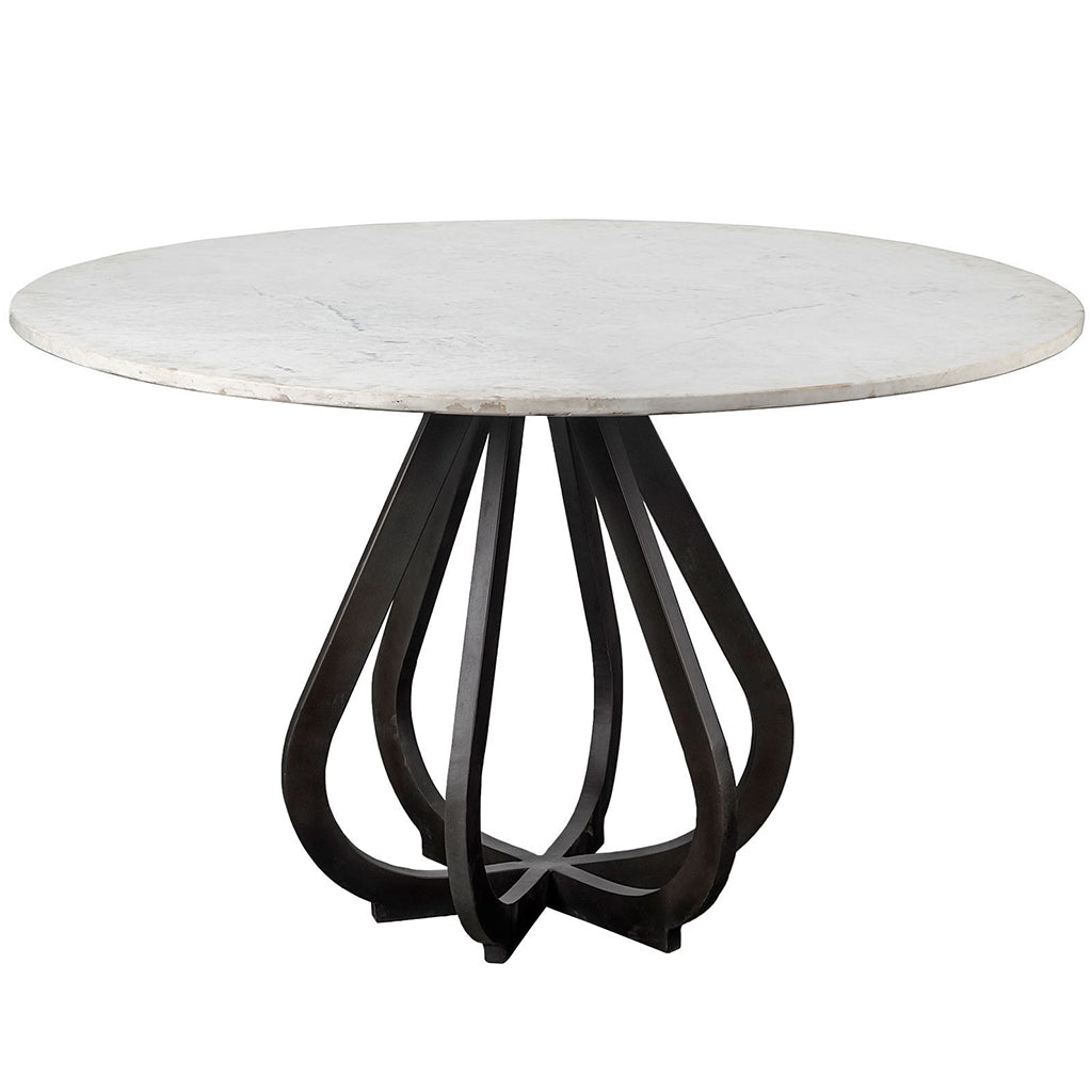 48 Inch Marble Top Table, Black And White, Metal Base, 380466 Brand: Homeroots, Size: 48inW x 48inD x 30.3inH, Weight: 176.4lb, Shape: Round, Material: Top: Marble, Base: Metal, Seating Capacity: Seats 2-4 people, Color: Black & White