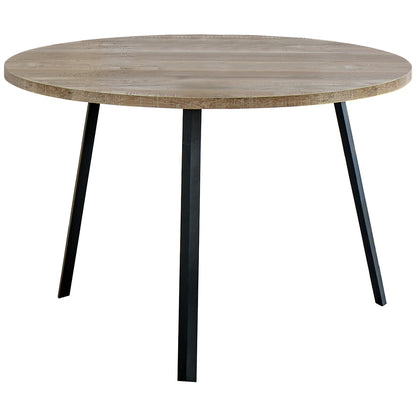 47" Round Taupe Compact Dining Table For 4, Reclaimed Wood, Metal Legs, 4512822897998, Brand: Homeroots, Size: 47.25inW x 47.25inD x 29.5inH, Weight: 48lb, Shape: Round, Material: Top: Reclaimed Wood, Legs: Metal, Seating Capacity: Seats 2-4 people, Color: Top: Taupe, Base: Black