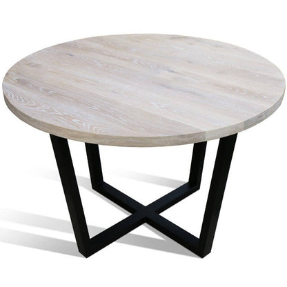 Maxima House Rounda U2 dining table with a modern oak wooden top and black metal base.