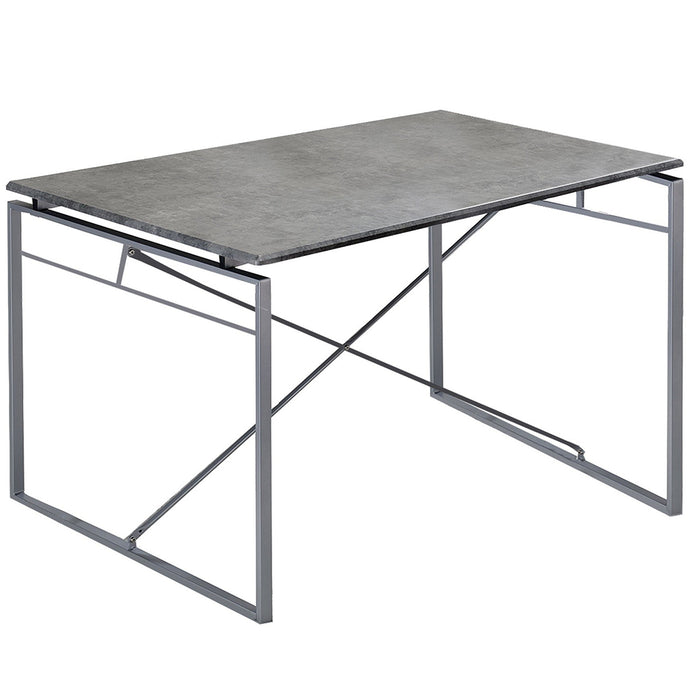 Benzara Metal Base Table, Rectangular, Wooden Top, Gray and Silver, BM209581 Size: 47inW x 28inD x 30inH Weight: 33lb; Shape: Rectangular; Material: Solid Wood, Veneer and Metal Seating Capacity: Seats 2-4 people; Color:  Gray and Silver
