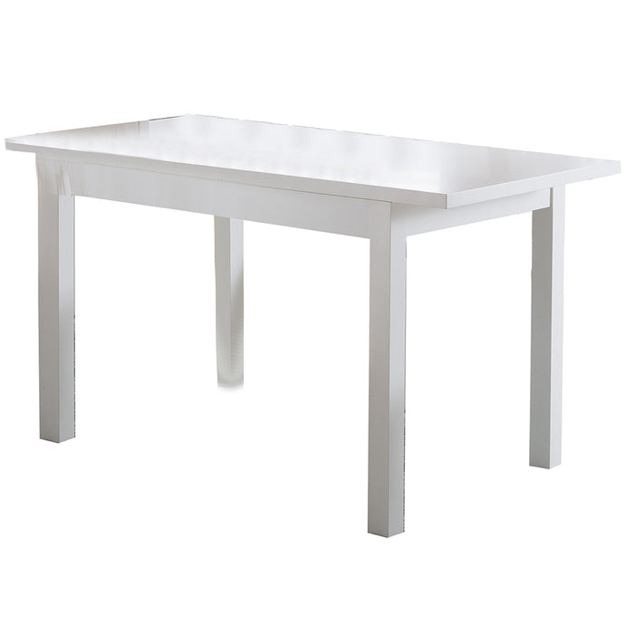Benzara, Gloss White Dining Table with Straight Legs, Rectangular, Wooden Frame, BM214728 Size: 58inW x 31.5inD x 30inH Weight: 46lb; Shape: Rectangular; Material: MDF and Wood Chemicals: Formaldehyde; Seating Capacity: Seats 2-4 people; Color: White