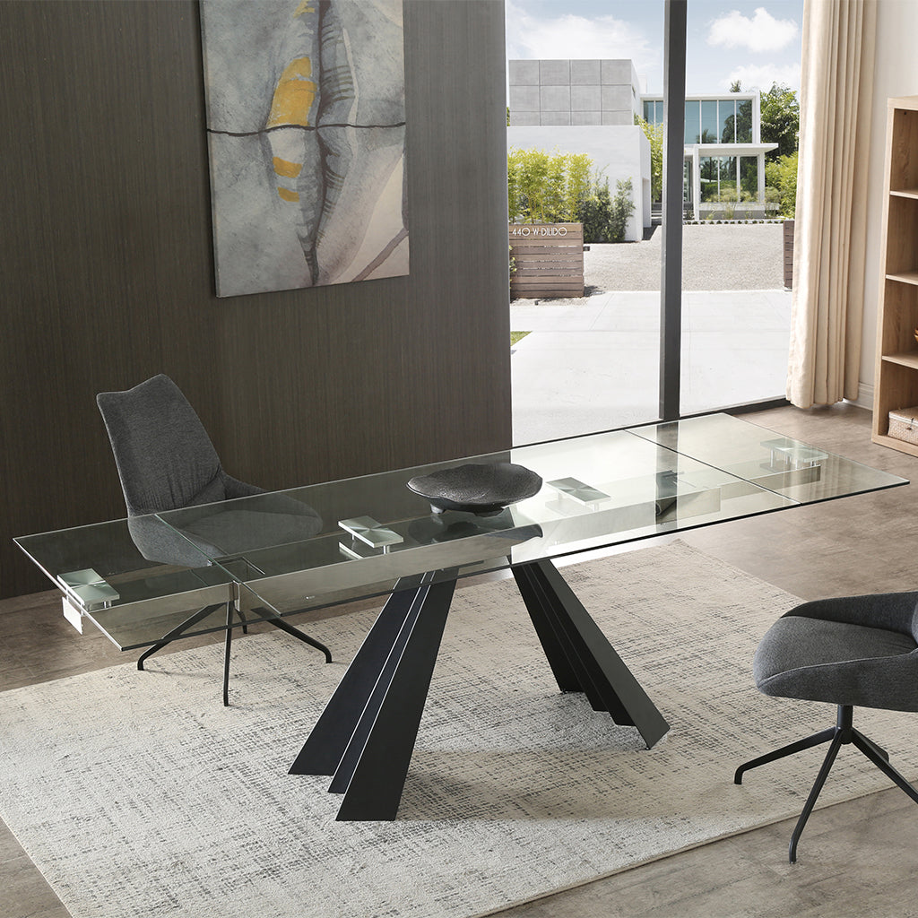 Chicago | Modern Extendable Glass Table For 8, Rectangular, Elegant, Tempered Clear Glass Top, Sanded Black Metal Legs, DT1717-BLK Size: 63inW x 35inD x 30inH; Extended: 95inW x 35inD x 30inH Weight: 211lb; Shape: Rectangular Seating Capacity: Seats 6-8 people; Color: Sanded Black Color