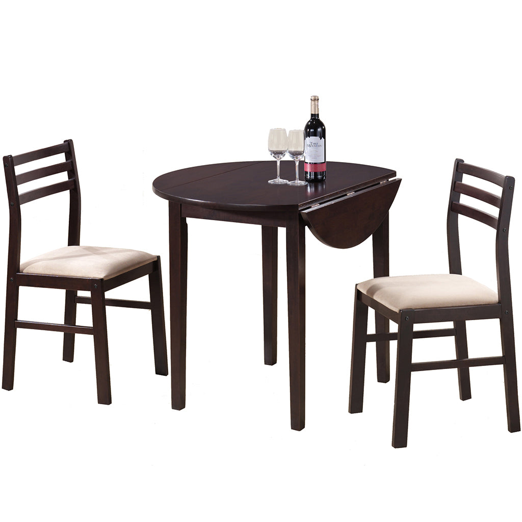 Dark Brown Round Table Dining Set, 2 Chairs Included, Solid Wood, 332562 Brand: Homeroots, Table Size: 35inW x 35inD x  30inH, Chair Size: 14.5inW x  15.5inD x  32.5inH, Seat Height: 17in, Table Shape: Round, Material: MDF & Solid Wood, Seating Capacity: Seats 2, Color: Dark Brown, Beige Chair's Seats 