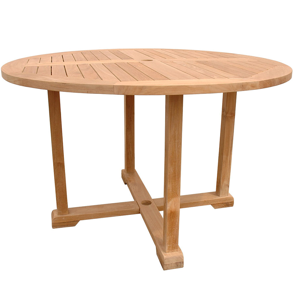 4-Foot Table with Frame, Round Outdoor Teak Wood Table, TB-004RF Brand: Anderson Teak  Size: 47 inW x 47inD x 29inH; Weight: 70lb; Shape: Round; Material: Teak Wood  Seating Capacity: Seats 2-4 people; Color: Neutral teak color; light wood 