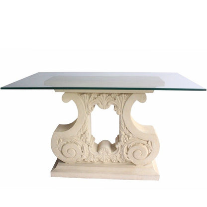 Elysees | Entryway Cast Stone Table, Rectangular, Limestone Base, Glass Top, TB-G3329-47; Size: 47inW x 26inD x 29inH; 33inW x 12inD (Base); Weight: 125lb; Shape: Rectangular; Material: Base: Limestone (Cast Stone); Top: 3/8" thick glass; White Natural Limestone Color