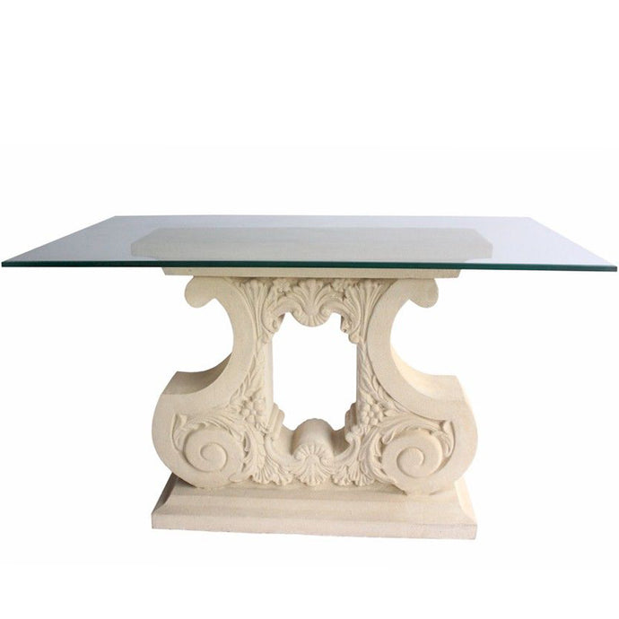 Elysees | Entryway Cast Stone Table, Rectangular, Limestone Base, Glass Top, TB-G3329-47; Size: 47inW x 26inD x 29inH; 33inW x 12inD (Base); Weight: 125lb; Shape: Rectangular; Material: Base: Limestone (Cast Stone); Top: 3/8