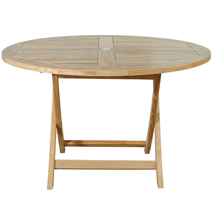 47" Round Teak Table Outdoor Folding Table, Easy To Carry Brand: Anderson Teak; Size: 47inW x 47inD x 29inH Weight: 85lb; Shape: Round; Material: Teak Wood Seating Capacity: Seats 2-4 people; Color: Neutral teak color; light wood, TBF-047R