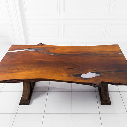 Mars Pear Tree Wood With Polymer Resin Live Edge Trestle Table, MHM010 Brand: Maxima House, Size: 110inW x  55inD x  29.5inH, Weight: 498lb, Shape: Rectangular, Live Edge, Material: Solid Pear Tree Wood filled with Polymer Resin, Seating Capacity: Seats 8-10 people, Color: Natural Wood Color