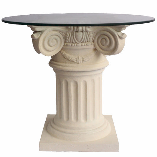 Florence | Beautiful Stone Entry Table, Round, Limestone Base, Glass Top, TB-G2229-36 Brand: Anderson Teak, Size: 36inW x 36inD x 29inH, 22inW x 22inD (Base), Weight: 140lb, Shape: Round, Material: Base: Limestone, Top: 3/8" thick glass