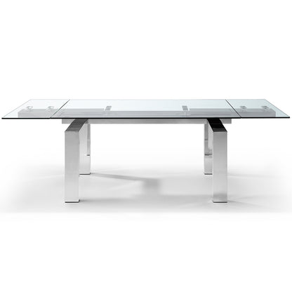 Cuatro | Extendable Rectangular Dining Table, Tempered Glass Table Top, Stainless Steel Base, DT1234  Brand: Whiteline Modern Living  Size: 63inW x 35inD x 30inH; Extended: 98inW x 35inD x 30inH Weight: 272lb, Shape: Rectangular Material: Top: 1/2" Tempered Clear Glass, Aluminum plates, Base: Stainless Steel;  Seating Capacity: Seats 6-8 people; Color: Stainless Steel Color