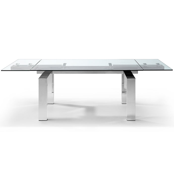Cuatro | Extendable Rectangular Dining Table, Tempered Glass Table Top, Stainless Steel Base, DT1234  Brand: Whiteline Modern Living  Size: 63inW x 35inD x 30inH; Extended: 98inW x 35inD x 30inH Weight: 272lb, Shape: Rectangular Material: Top: 1/2
