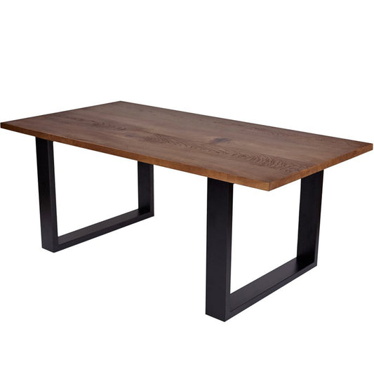 Napoli | Solid Wood Table With U Shape Metal Legs For 8, Rectangular, Solid Oak Wood, MH006 Brand: Maxima House, Size: 74.4inW x  38.9inD x  29.5inH, Weight: 145.4lb Shape: Rectangular, Material: Top: Solid Oak Wood, Legs: Metal Seating Capacity: Seats 6-8 people, Color: Top: Dark Wood Color, Base: Black 