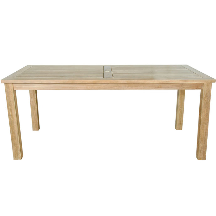 Outdoor Rectangular Wooden Table, Teak Wood, TB-070DTR Brand: Anderson Teak  Size: 70inW x 35inD x 29.5inH; Weight: 80lb; Shape: Rectangular; Material: Teak Wood Seating Capacity: Seats 4-6 people; Color: Neutral teak color; light wood 