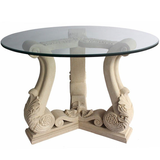 Fleur | Entryway Round Table Glass Top, Limestone Base, TB-G3529-42 Brand: Anderson Teak, Size: 42inW x 42inD x 29inH, 35inW x 35inD (Base), Weight: 150lb, Shape: Round, Material: Base: Limestone, Top: 3/8" thick glass