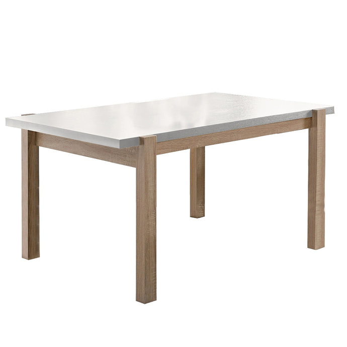 Benzara White And Brown Table, Rectangular, Wooden with Straight Legs, BM204162  Size: 47.25inW x 31.5inD x 30inH Weight: 62.35lb; Shape: Rectangular; Material: MDF, Wood and Metal Chemicals: Formaldehyde; Seating Capacity: Seats 2-4 people; Color: White and Brown