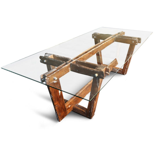 Frams | 100inch Modern Rustic Dining Table, Glass Top Oak Wood Base, SCANDI049