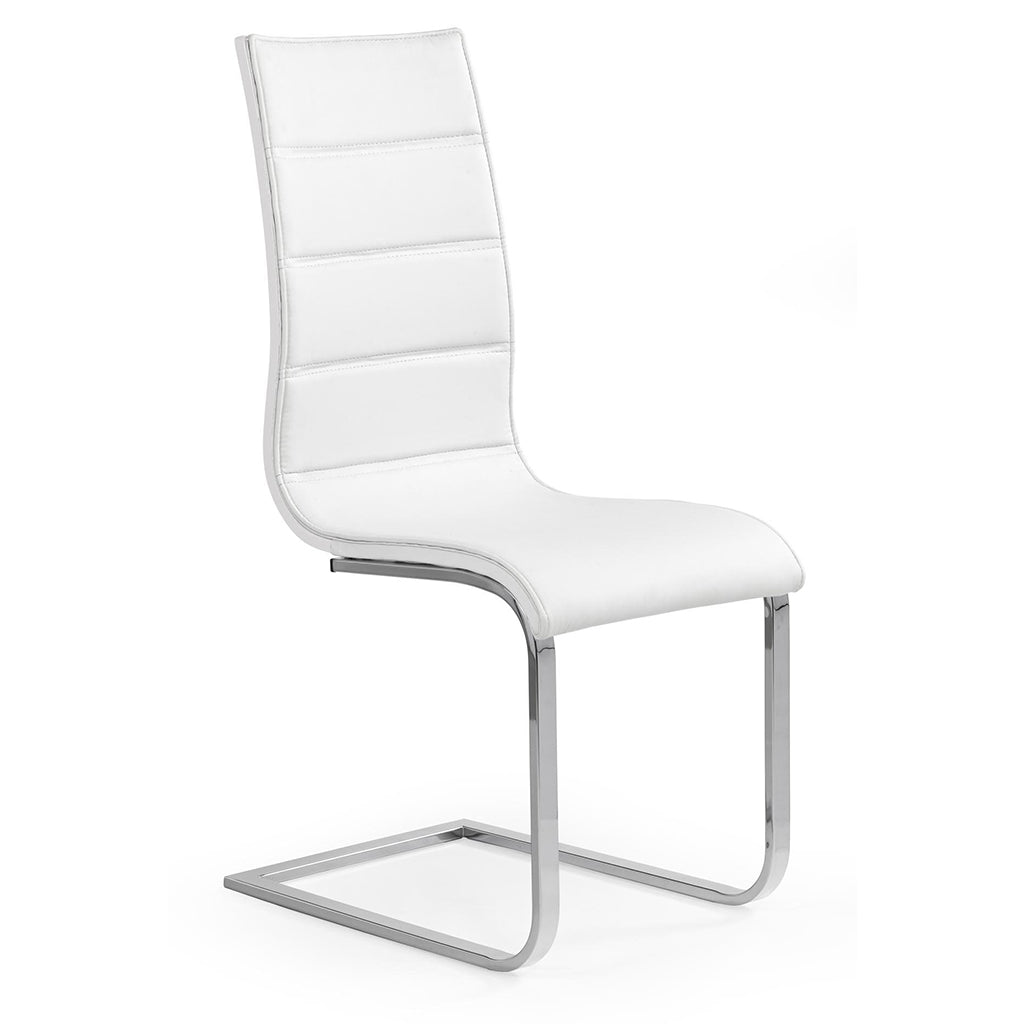 White faux leather dining chairs with chrome steel legs