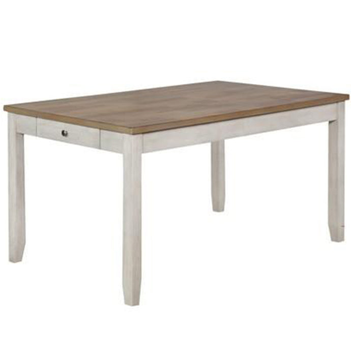 Benzara Side Drawer Table with Chamfered Feet, Rectangular, Wooden, White and Brown, BM214731 Size: 60inW x 36inD x 30.8inH Weight: 96lb; Shape: Rectangular; Material: Solid Wood Chemicals: Formaldehyde ; Seating Capacity: Seats 4-6 people; Color: White, Brown