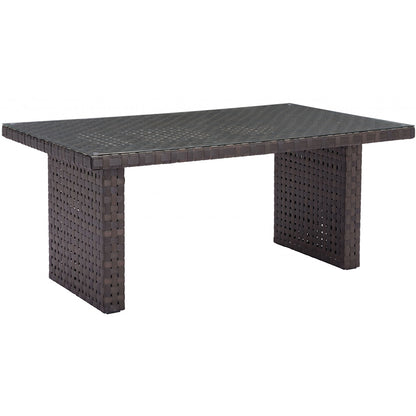 Easy To Carry Outdoor Synthetic Weave & Glass Dining Table, Rectangular, 4512839544816, Brand: Homeroots, Size: 67.3inW x  39.4inD x  29inH, Weight:  75lb, Shape: Rectangular, Material: Synthetic Weave, Tempered Glass Top, Seating Capacity: Seats 4-6, Color: Brown