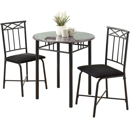 Round Dining Set, MDF Board Table, Metal Base, 2 Chairs Black, Foam Padded, 333009 Brand: Homeroots, Table Size: 30inW x 30inD x 30inH, Chair Size: 17inW x 19.25inD x 35.5inH, Seat Height: 16.25in, Table Shape: Round, Material: MDF Board & Metal Base, Foam Padded With Metal Base Chairs, Seating Capacity: Seats 2, Color: Black & Gray