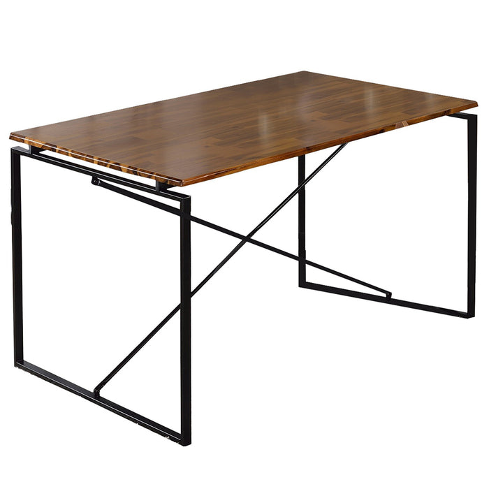 Benzara Metal Base Table, Rectangular, Solid Wood Top, Black and Brown, BM209583 Size: 47inW x 28inD x 30inH Weight: 33lb; Shape: Rectangular; Material: Solid Wood, Veneer and Metal Seating Capacity: Seats 2-4 people; Color:  Black and Brown