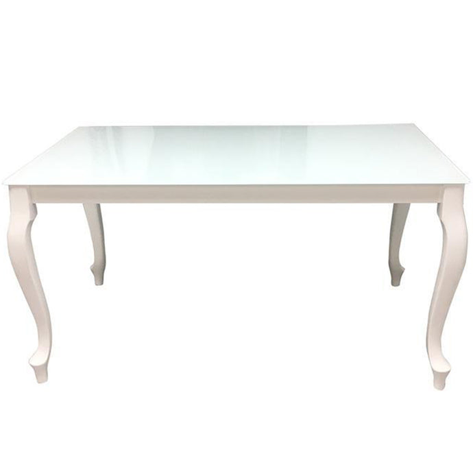 Retro | White 6 Seater Extendable Dining Table, Rectangular, Glass Top, Beech Wood Base, DT0014, Brand: Maxima House Size: 55.1inW x  31.5inD x  30inH, Extended: 74.8inW x  31.5inD x  30inH Weight: 123.5lb, Shape: Rectangular, Material: Top: Glass, Base: Beech Wood,  Seating Capacity: Seats 4-6 people, Color: White