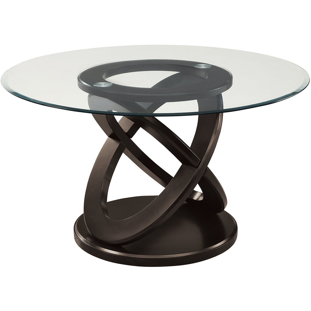 48 Inch Solid Wood & Glass Round Dining Table, 4 Seater, Unique Design, 4512839650081, Brand: Homeroots, Size: 48inW x 48inD x 30.5inH, Weight: 116lb, Shape: Round, Material: Top: Tempered Glass, Base: Solid Wood, Seating Capacity: Seats 2-4 people, Color: Dark Brown