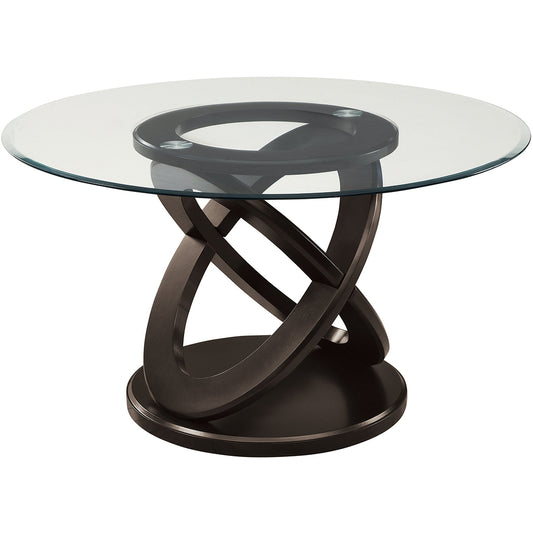 48 Inch Solid Wood & Glass Round Dining Table, 4 Seater, Unique Design, 4512839650081, Brand: Homeroots, Size: 48inW x 48inD x 30.5inH, Weight: 116lb, Shape: Round, Material: Top: Tempered Glass, Base: Solid Wood, Seating Capacity: Seats 2-4 people, Color: Dark Brown