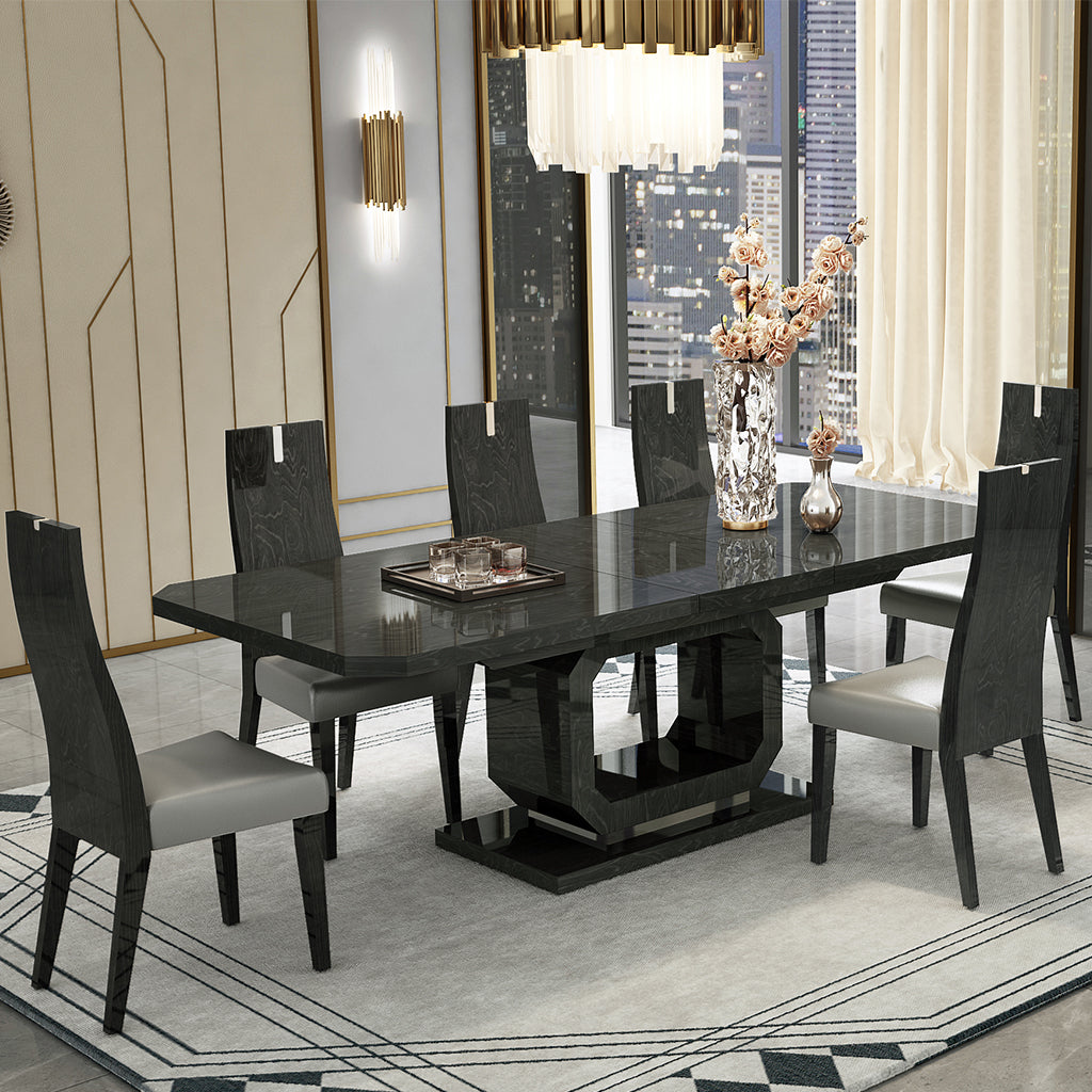 Los Angeles | Extendable Dining Room Table for 6, Elegant Look, DT1619-GRY Brand: Whiteline Modern Living; Size: 79/98inW x 43inD x 30inH; Weight: 208lb Shape: Rectangular; Material: MDF; Seating Capacity: Seats 6-8 people Color: Gloss Black