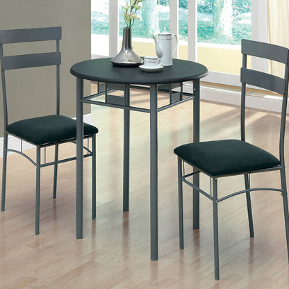 Sliver and Black Color Round Dining Set for 2, Round Dining Table & 2 Chairs, 333024 Brand: Homeroots, Table Size: 30inW x 30inD x 30inH, Chair Size: 16.5inW x 18.5inD x 36inH, Seat Height: 17.5in, Table Shape: Round, Material: MDF & Metal, Seating Capacity: Seats 2, Color: Black & Silver Color